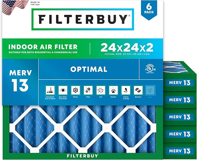 Filterbuy 24x24x2 Air Filter MERV 13 (MPR 1900) Health Defense Replacement (6-Pack), Electrostatic Pleated HVAC AC Furnace Filters, Made in USA (Actual Size: 23.38 x 23.38 x 1.75)