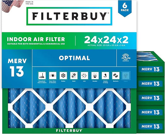 Filterbuy 24x24x2 Air Filter MERV 13 (MPR 1900) Health Defense Replacement (6-Pack), Electrostatic Pleated HVAC AC Furnace Filters, Made in USA (Actual Size: 23.38 x 23.38 x 1.75)