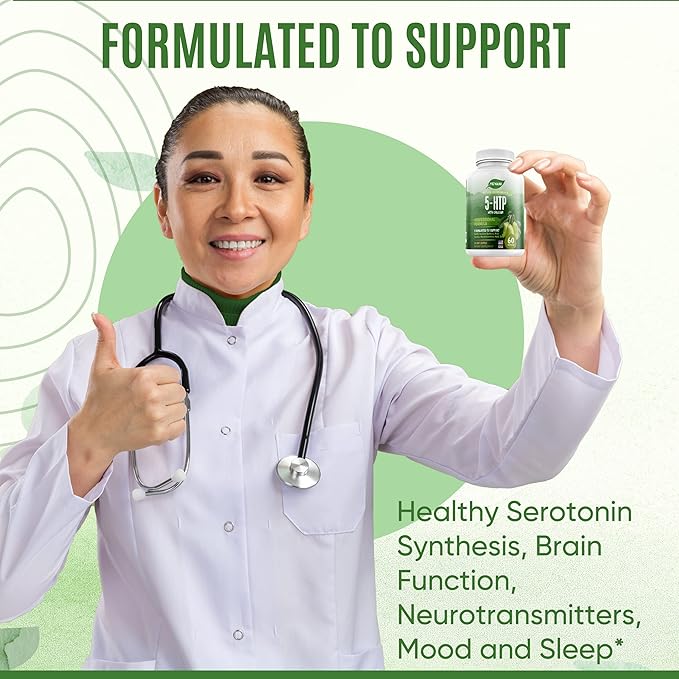 100% Pure 5-HTP Formula with Calcium for Mood, Stress, and Sleep Supplement for Adults - Neurotransmitter Support - 5-Hydroxytryptophan - 60 Capsules, 30 Servings