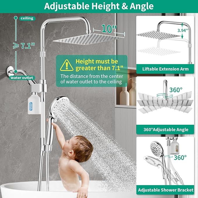 10" Filtered Rain Shower Head with Handheld Spray Combo, High Pressure Shower Head and Handle Set with Filter, Dual Shower Head with Extra Long Hose and Adjustable Extension Arm (Chrome)