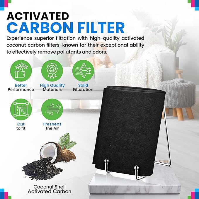 Cut to Fit Activated Carbon Filter Sheet 16” x 48” - Activated Carbon Air Filter for Air Purifiers Window AC Air Vent And More - Charcoal Filters Effectively Remove Odors & Freshens the Air (1-Pack)