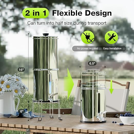 Purewell 1.0 Gallon Portable Gravity Water Filter System, 3-Stage 0.01μm Ultra-Filtration Countertop System with Water Level Window and Stand, Reduce 99% Chlorine, for Camping, RVing, Home (PW-1G-K)