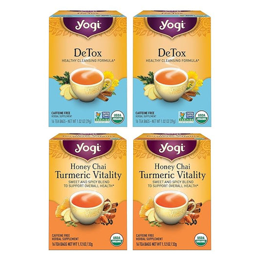 Yogi Tea DeTox and Wellness Variety Pack 4pk - 16 Bags per Pack (4 Pack) - Organic Herbal Cleansing Teas - Includes (2 Boxes Each) of Honey Chai Turmeric Vitality & DeTox - Caffeine-Free Teas