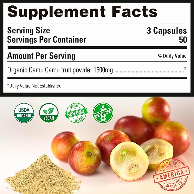 Peruvian Naturals Organic Vitamin C from Camu Camu Capsules 1,500mg - 150 Vegan Pills, Natural Vitamin C from Whole Food Camu Berry Organic, Non-GMO