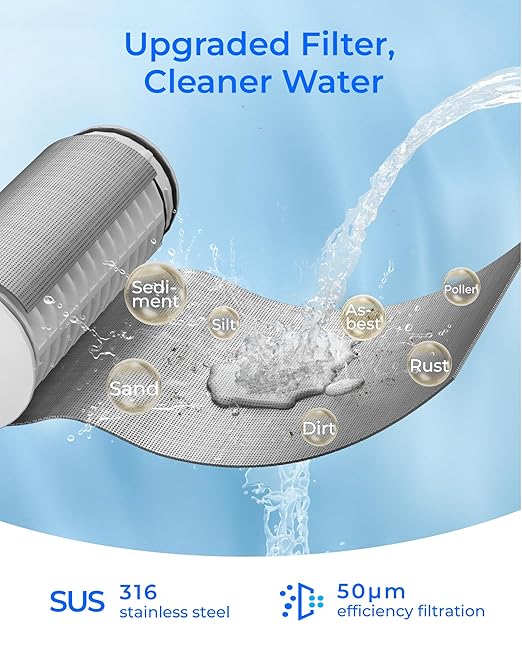 Waterdrop Spin Down Sediment Filter, Reusable Whole House Water Filter System, Flushable Pre-Filter System for City/Well Water, 50 Micron, 1" MNPT + 3/4" FNPT, WD-PF01