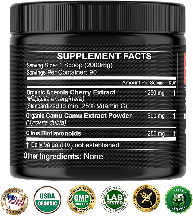 Natural Vitamin C from Organic Acerola Cherry & Camu Camu Powder - High Absorption with Citrus Bioflavonoids - Immune System & Collagen Booster - Anti Aging Skin Vitamins Made in USA 90 servings