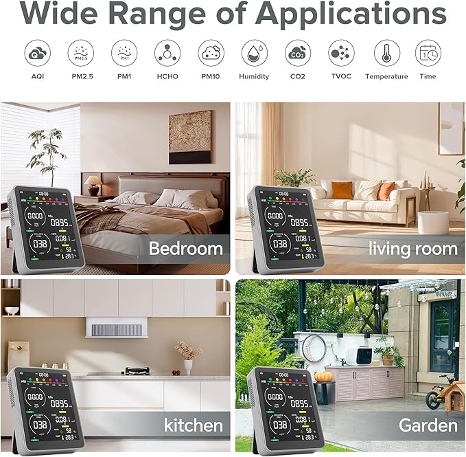 16 in 1 Air Quality Monitor Indoor-Portable Indoor Air Quality Meter with 7AQI Beep Alarm,for CO2,HCHO,TVOC,PM2.5, PM1.0,PM10,AQI,Temperature,Humidity & Time Display (Grey)