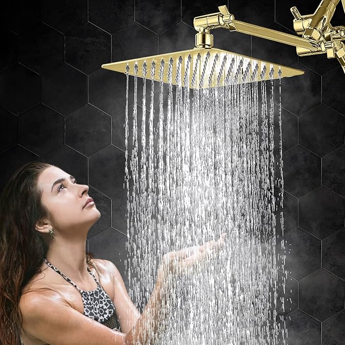 G-Promise All Metal 10" Dual Square Shower Head Combo | Rain Shower Head | Handheld Shower Wand | Adjustable | 3-Way Diverter | 71" Extra Long Hose - A Bathroom Upgrade (Polished Brass)