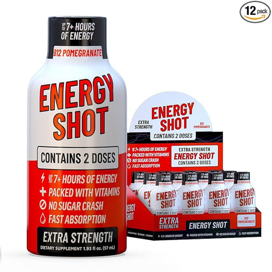Energy Shot – 2 Servings – 100% DV B-Vitamins & 130mg Plant-Based Caffeine – Zero Calories, Sugar-Free, Vegan, Non-GMO – Energy & Productivity Support (1.93 Fl Oz (Pack of 12), Pomegranate)