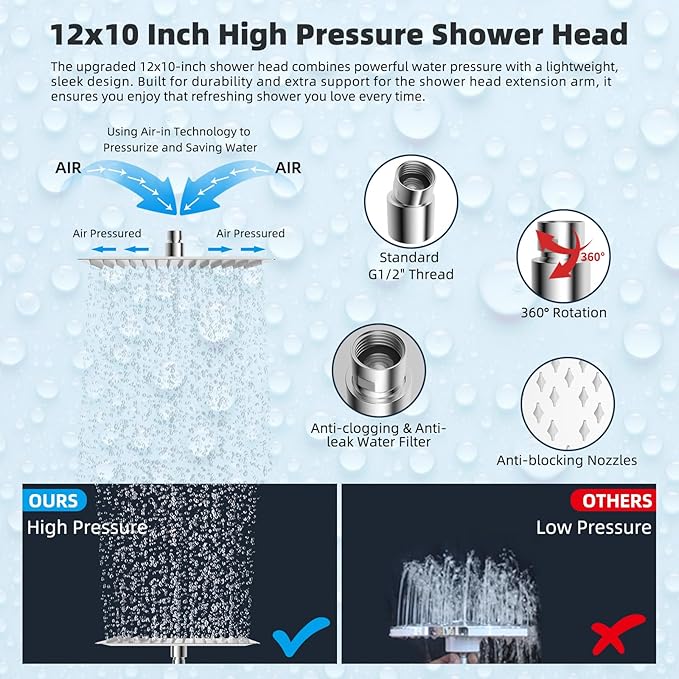 Hibbent All Metal 12'' Rainfall Shower Head, Dual Shower Head Combo, High Pressure Handheld Shower Wand, 16'' Adjustable Arc-shaped Shower Extension Arm, 71'' Hose, Showerhead Holder, Chrome