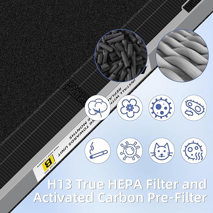 FLT4825SM HEPA Smoke Clear Filter B Replacement Compatible with G-Guardian Air Purifiers AC4825 AC4825E AC4825W AC4300 AC4800 AC4900 AC4850,2 H13 True HEPA Filters+8 Carbon Pre-Filters