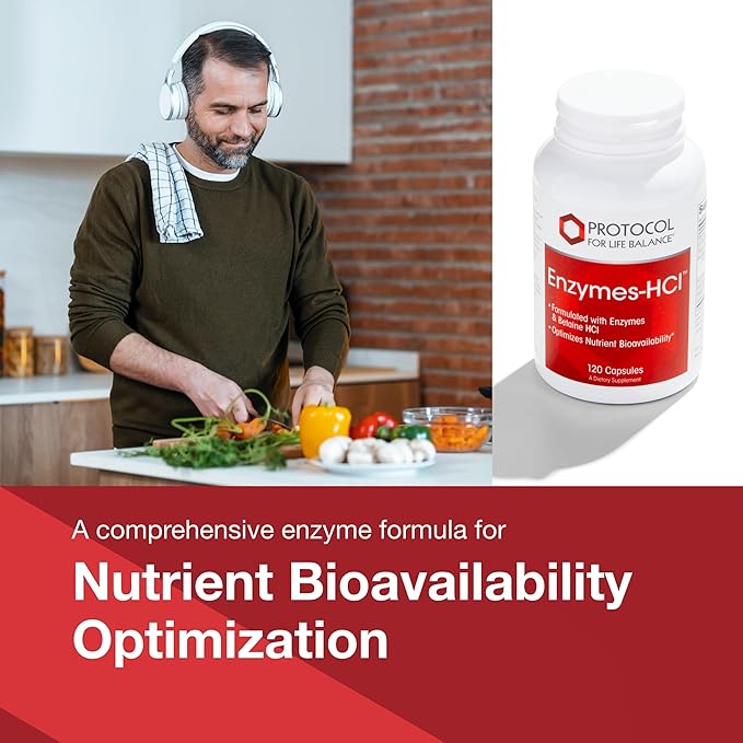 PROTOCOL FOR LIFE BALANCE Enzymes-HCl - Digestive Enzymes with Bromelain - Full Spectrum of Proteases - Digestion Supplement - Soy & Dairy Free - 120 Capsules