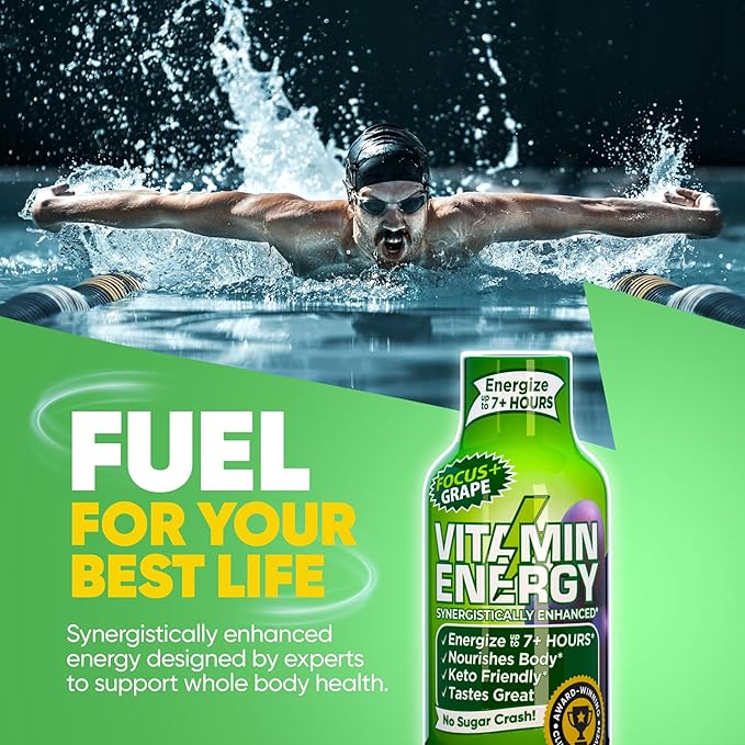 Vitamin Energy Focus+ Extra Strength Energy Shot Grape 24 Pack, 260mg Natural Caffeine, B-Vitamins, CoQ10, Amino Acids, Focus, Productivity & Clarity, Zero Sugar, Gluten-Free, 1.93 fl oz