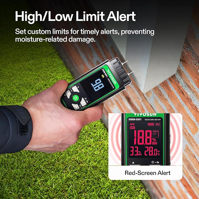 VIVOSUN Wood Moisture Meter, 3-In-1 Pin-Type Digital Moisture Tester, Ambient Temp & Humidity Tester, 7 Modes, Color Backlit Screen, for Wood, Walls, Bricks, Dried Flowers