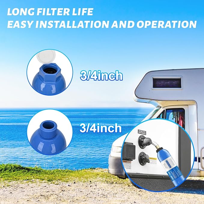 RV Inline/Marine Water Filter With Flexible Hose Protector, Reduce Bad Taste, Odors, Rust, Fluoride, Chlorine and Sediment in Drinking Water (1 Pack)