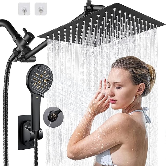 Shower Head, 10" High Pressure Black Rainfall Shower Head with Handheld Spray Combo, 6 Settings Handheld with 78" Anti-leak Hose, 11" Adjustable Extension Arm, Ultra Thin Water Saving, AWAXFOLO