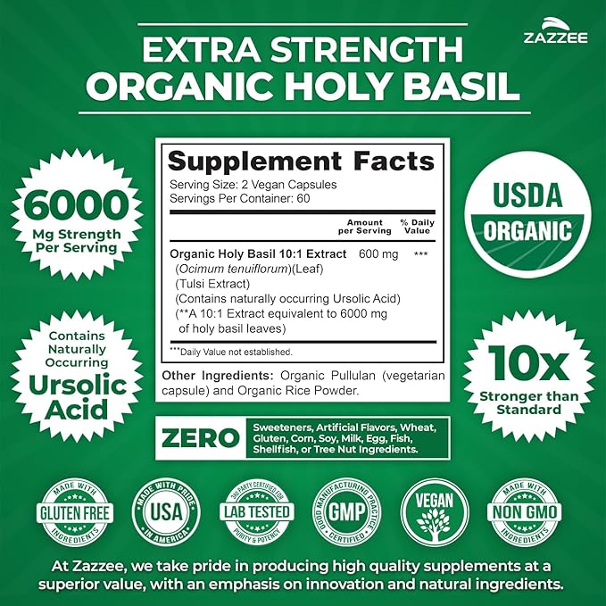 Zazzee USDA Organic Holy Basil 10:1 Extract, 6000 mg Strength, 120 Vegan Capsules, Concentrated and Standardized 10X Tulsi Extract, Ursolic Acid, 100% Certified Organic, Non-GMO