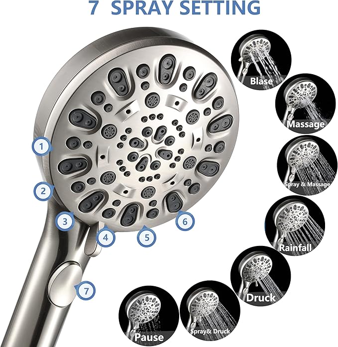 Shower Head with Handheld 7 Spray Combo,Hand Held Showerhead with On/Off Switch,High Pressure Detachable Shower Heads with 60" Long Hose (Brushed Nickel)
