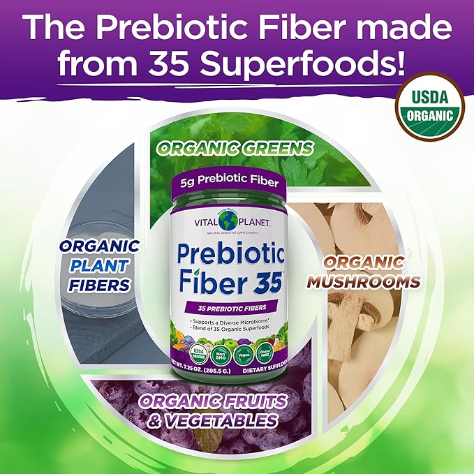 Vital Planet - Fiber 35 Powder Diverse Fiber Supplement for Dietary Support and Occasional Constipation with 35 Prebiotic Fibers and 35 Organic Superfoods to Maintain Bowel Regularity, 6.77 oz