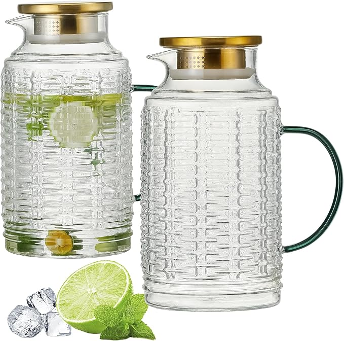 Glass Pitcher with Lid, 2 PACK 68 oz/2 Liter Vintage Water Pitcher, Clear Borosilicate Glass Water Carafe for Cold Brew, Coffee, Lemonade, Iced Sun Tea,Beverage, Milk, Heat Resistant