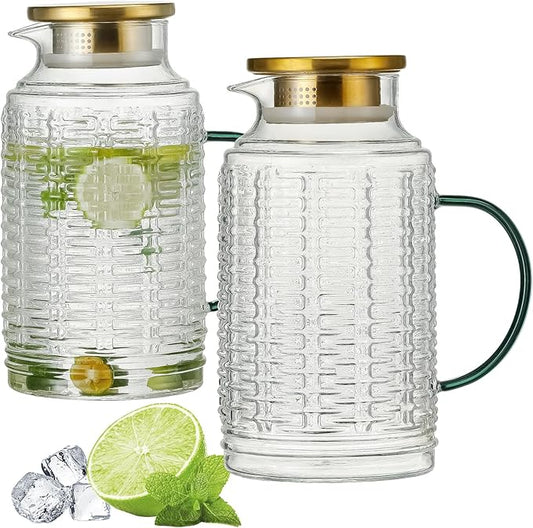 Glass Pitcher with Lid, 2 PACK 68 oz/2 Liter Vintage Water Pitcher, Clear Borosilicate Glass Water Carafe for Cold Brew, Coffee, Lemonade, Iced Sun Tea,Beverage, Milk, Heat Resistant