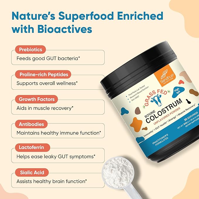 Sandhu's Grass Fed Bovine Colostrum Powder for Humans, Adults | 30 Servings (Pack of 1) Cows Supplement | High IgG for Gut Health | Immunity & Muscle Recovery Support | Unflavored | for Men & Women