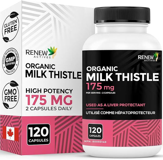 Renew Actives Milk Thistle Capsules 175MG per Serving Organic Seed Extract for Liver Health, Concentrated Silymarin Formula, Antioxidants, & Digestive Wellness – Made in Canada - 120 Capsules