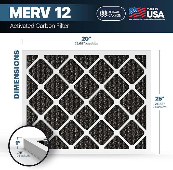 BNX TruFilter 20x25x1 MERV 12 Odor Defense (2-Pack) AC Furnace Air Filter with Activated Carbon - MADE IN USA - Pleated Air Conditioner HVAC AC Furnace Filters - Removes Odor, Mold, Bacteria, Smoke