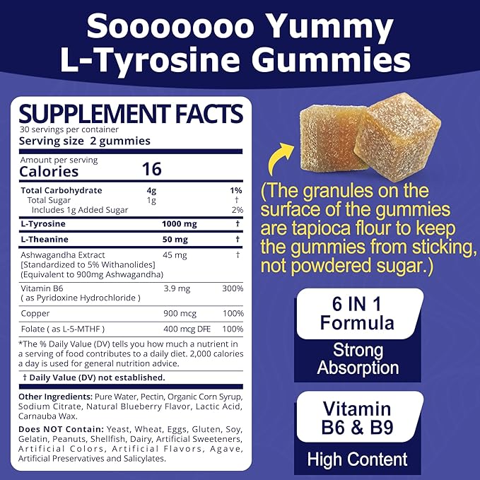 L Tyrosine Gummies 1100mg Mood Support Blend, with Ashwagandha, L-Theanine, Vitamin B Complex B6, Folate(Vitamin B9), Focus & Memory, Cognition & Brain Function, Energy Boost,Stress Support, 2Pc/120ct