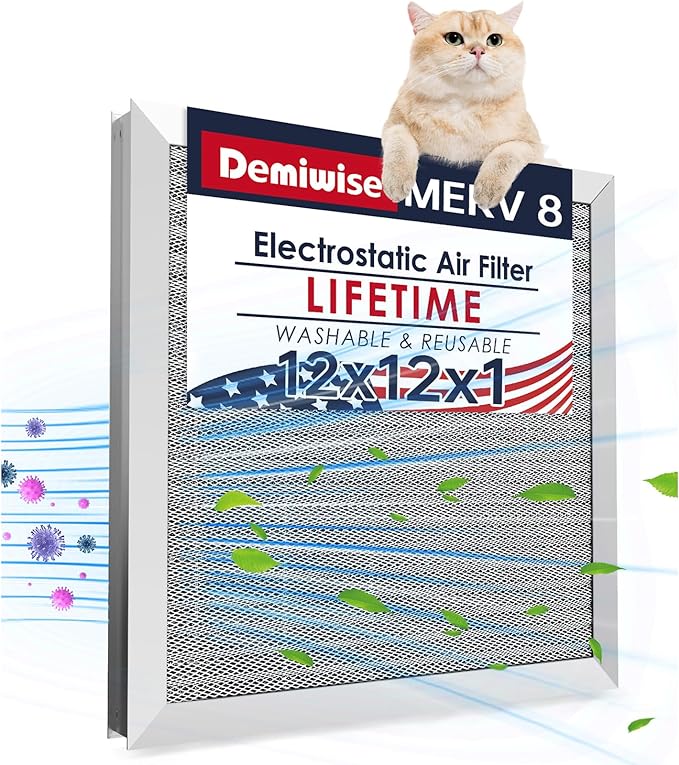 12x12x1 Electrostatic Air Filter, Reusable MERV 8 Aluminum AC/HVAC Furnace Filter, Washable Lifetime Permanent Air Filter, Easy to Clean,Increases Airflow(Actual Size:11.69x11.69x0.82)