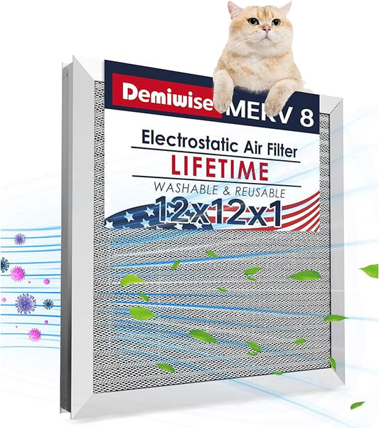 12x12x1 Electrostatic Air Filter, Reusable MERV 8 Aluminum AC/HVAC Furnace Filter, Washable Lifetime Permanent Air Filter, Easy to Clean,Increases Airflow(Actual Size:11.69x11.69x0.82)