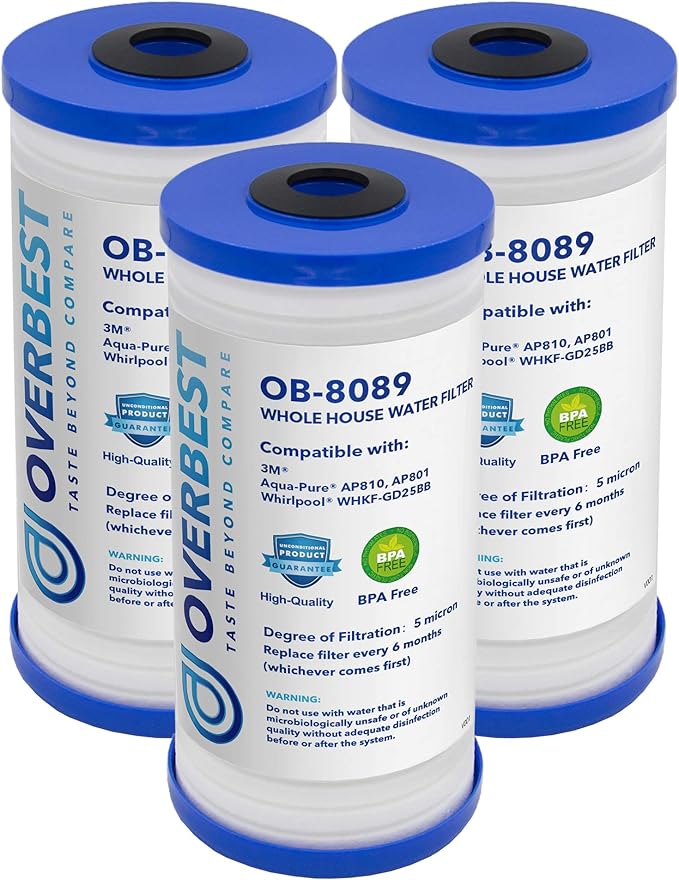 Overbest 10" x 4.5" Whole House Water Filte Replacernent for 3M®Aqua-Pure®AP810, AP811, AP801, AP801-C, AP801T, P801B, Whirlpool® WHKF-GD25BB, VWHKF-DWHBB, 5 Micron Well & Tap Water Filter, Pack of 3