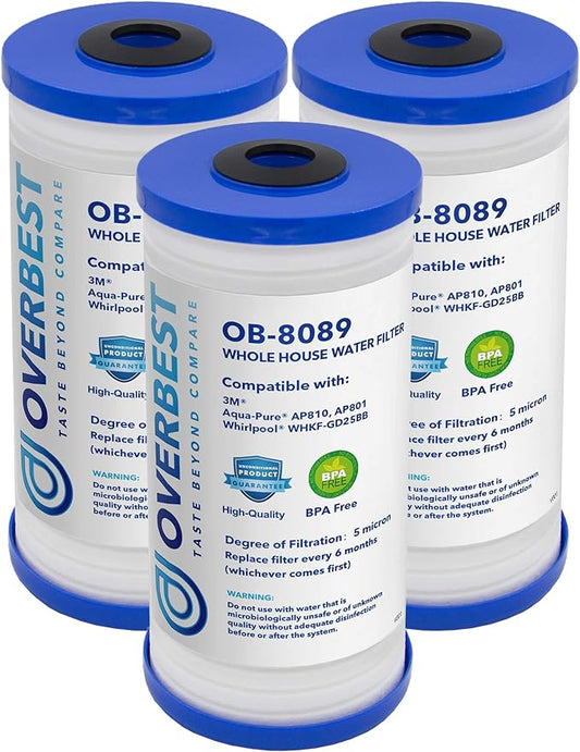 Overbest 10" x 4.5" Whole House Water Filte Replacernent for 3M®Aqua-Pure®AP810, AP811, AP801, AP801-C, AP801T, P801B, Whirlpool® WHKF-GD25BB, VWHKF-DWHBB, 5 Micron Well & Tap Water Filter, Pack of 3