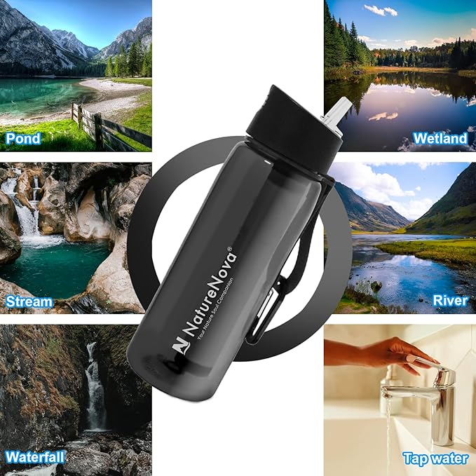 Water Filter Bottle with 4-Stage Integrated Filter Straw BPA Free for Camping, Hiking, Backpacking, Emergency and Travel, Black 650ml