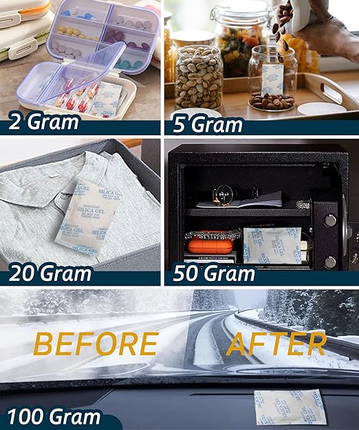 100 Gram 5 Pcs (Color-Indicating) Silica Gel Packets, Premium Food Grade Desiccant, Rechargeable Moisture Absorbers for Car, Storage Bins, Suitcase, Safe, 3D Filaments, Electronics