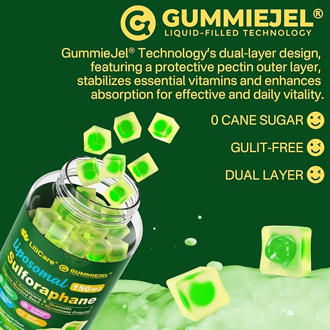 Liposomal Sulforaphane Supplement 150mg, from Broccoli Sprout Extract w/Myrosinase, Quercetin, Glutathione, Broccoli Supplement Gummies for Antioxidants Detox Cellular Brain Health, Chewable 60 Cts