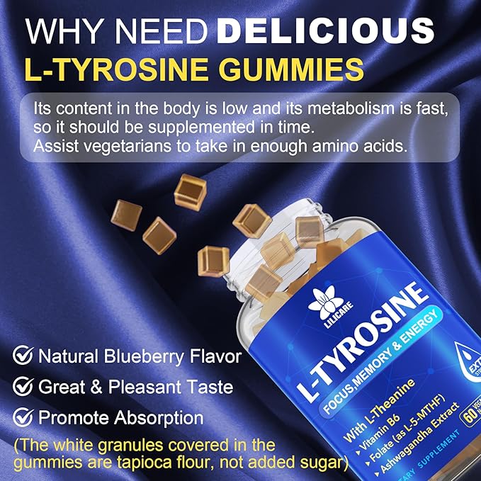 L Tyrosine Gummies 1100mg Mood Support Blend, with Ashwagandha, L-Theanine, Vitamin B Complex B6, Folate(Vitamin B9), Focus & Memory, Cognition & Brain Function, Energy Boost,Stress Support, 2Pc/120ct