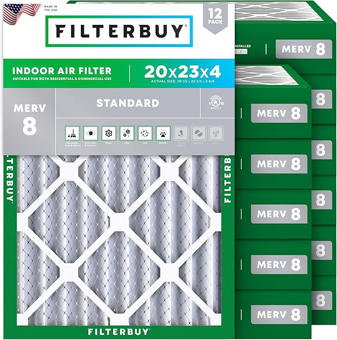 Filterbuy 20x23x4 Air Filter MERV 8 (MPR 700) Dust Defense Replacement (12-Pack), Electrostatic Pleated HVAC AC Furnace Filters, Made in USA (Actual Size: 19.50 x 22.50 x 3.63)