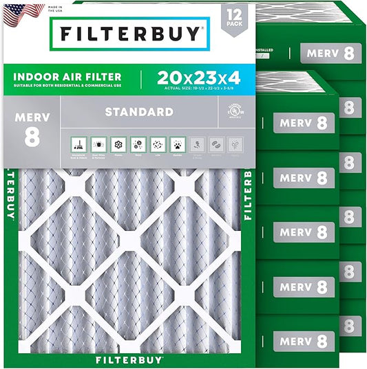 Filterbuy 20x23x4 Air Filter MERV 8 (MPR 700) Dust Defense Replacement (12-Pack), Electrostatic Pleated HVAC AC Furnace Filters, Made in USA (Actual Size: 19.50 x 22.50 x 3.63)