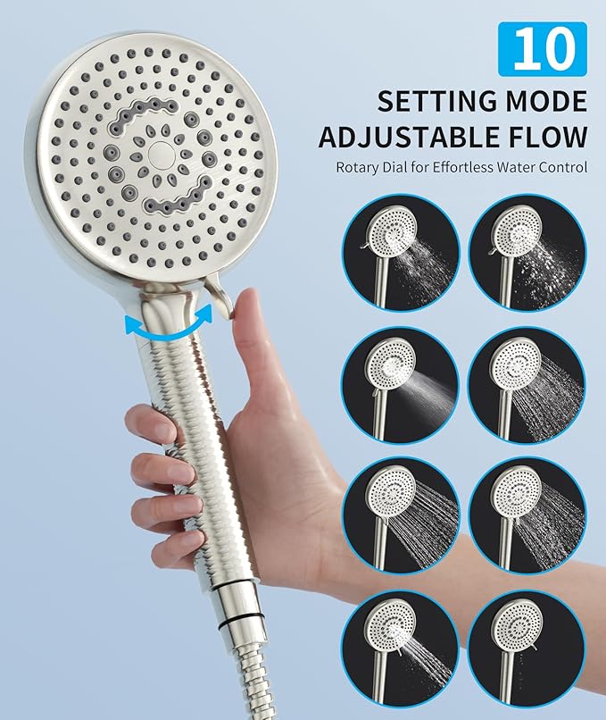 Filtered Shower Head with Handheld, 10 Spray Mode High Pressure Shower Head with Filters, Shower Filter Head for Hard Water, Powerful Spray for Cleaning, 2 Replaceable Filters Included, Brushed