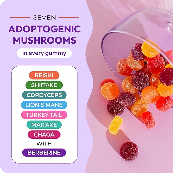 Mushroom Gummies & Berberine Supplement - Lion's Mane, Turkey Tail, Maitake, Reishi, Chaga, Shiitake & Cordyceps - Organic Mushroom Supplement - Boosts Focus & Immune System (Mixed Fruits, 60 Gummies)