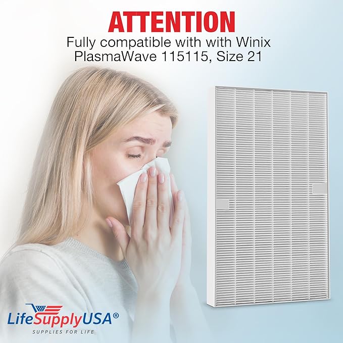 115115 5 HEPA Filter A Replacement for C535, 5300, 5300-2, 5500, 5500-2, 6300, 6300-2, P300, AM90, C909, 9800 Compatible with Winix Air Purifier Filter Replacement Plasmawave Size 21 by LifeSupplyUSA