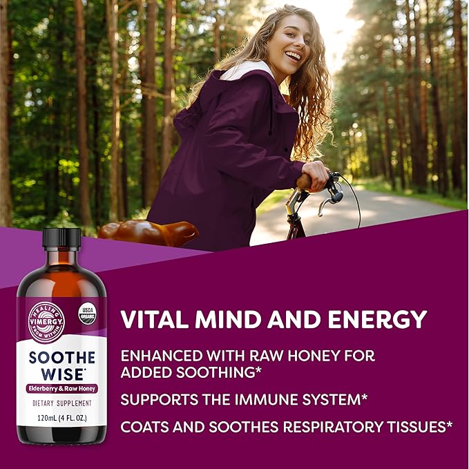 Vimergy Soothe Wise* – Fast-Absorbing Immune Support with Elderberry Syrup and Raw, Organic Honey – Coats and soothes Respiratory tissues – USDA Certified Organic, Vegan, Paleo-Friendly, Gluten-Free.