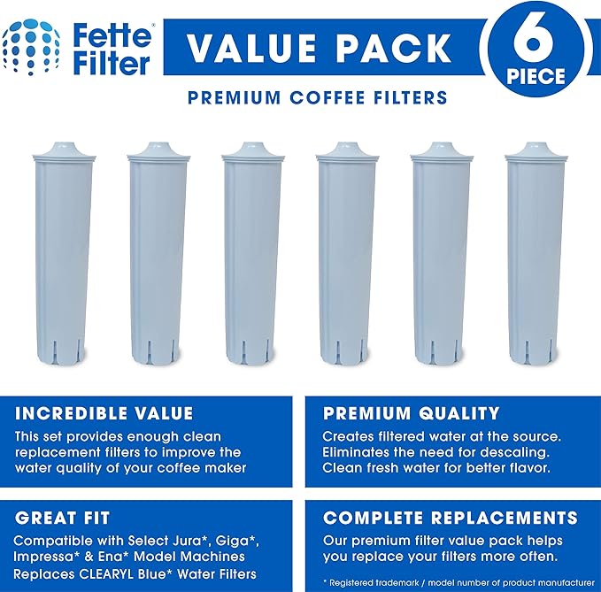 Fette Filter - Water Filter Compatible with Jura Clearyl Blue. Compare to Part # 71445 or 67879 - Pack of 6