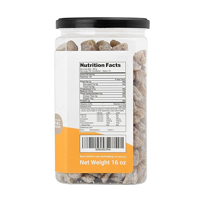 Homtiem Dried Crystallized Ginger Less Sweet (16 Ounce) Real Soft, Chews and Candied Delicious pieces Gingers, Easy to eat, No Artificial Colors, All-Natural and Preservative-Free(1 LB)