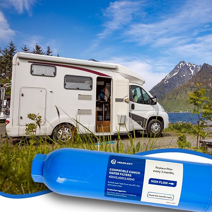 Hourleey 2 Pack RV Inline Water Filter with 2 Flexible Hose Protector, Reduce Bad Taste, Odors, Rust, Fluoride, Chlorine and Sediment in Drinking Water, Dedicated for RVs Campers Marines