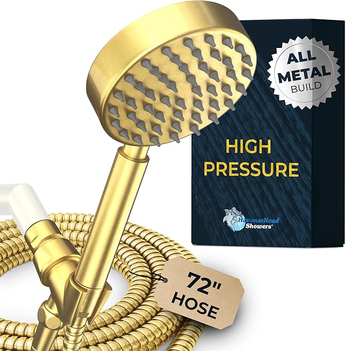 HammerHead Showers® Solid Metal Handheld Shower Head with Hose and Brass Holder - BRUSHED GOLD - 2.5 GPM High Pressure Shower Heads with Adjustable Shower Wand Bracket - 6ft Flexible Extension
