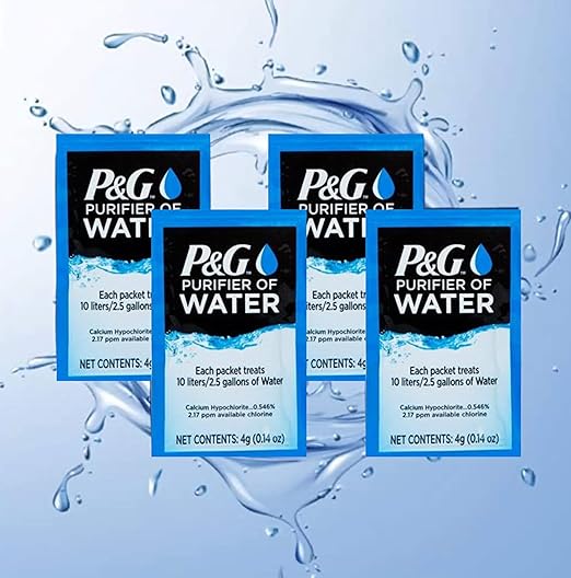 P&G Purifier of Water Portable Water Purifier Packets. Emergency Water Filter Purification Powder Packs for Camping, Hiking, Backpacking, Hunting, and Traveling. (4 Packets)
