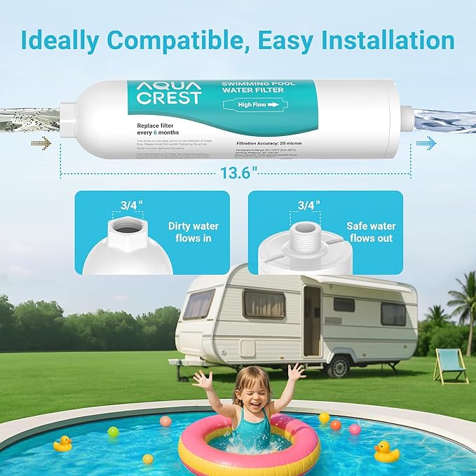 AQUA CREST X-Large RV Water Filter, Garden Hose End Pre Filter for Pool, Hot Tub, Spa, Reduces Chlorine, Heavy Metals and Odor, with Hose Protector, Up to 8,000 Gallons