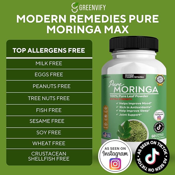 Modern Remedies Pure Moringa Max Leaf Powder Supplement, 800mg, 60 Capsules, Extra Strength for Mood, Sleep and Joint Support, Gluten Free (5)